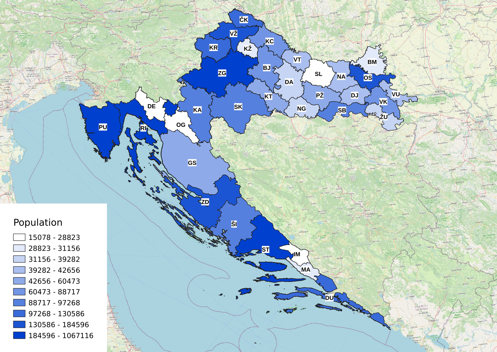 A heatmap showing the population for each town code