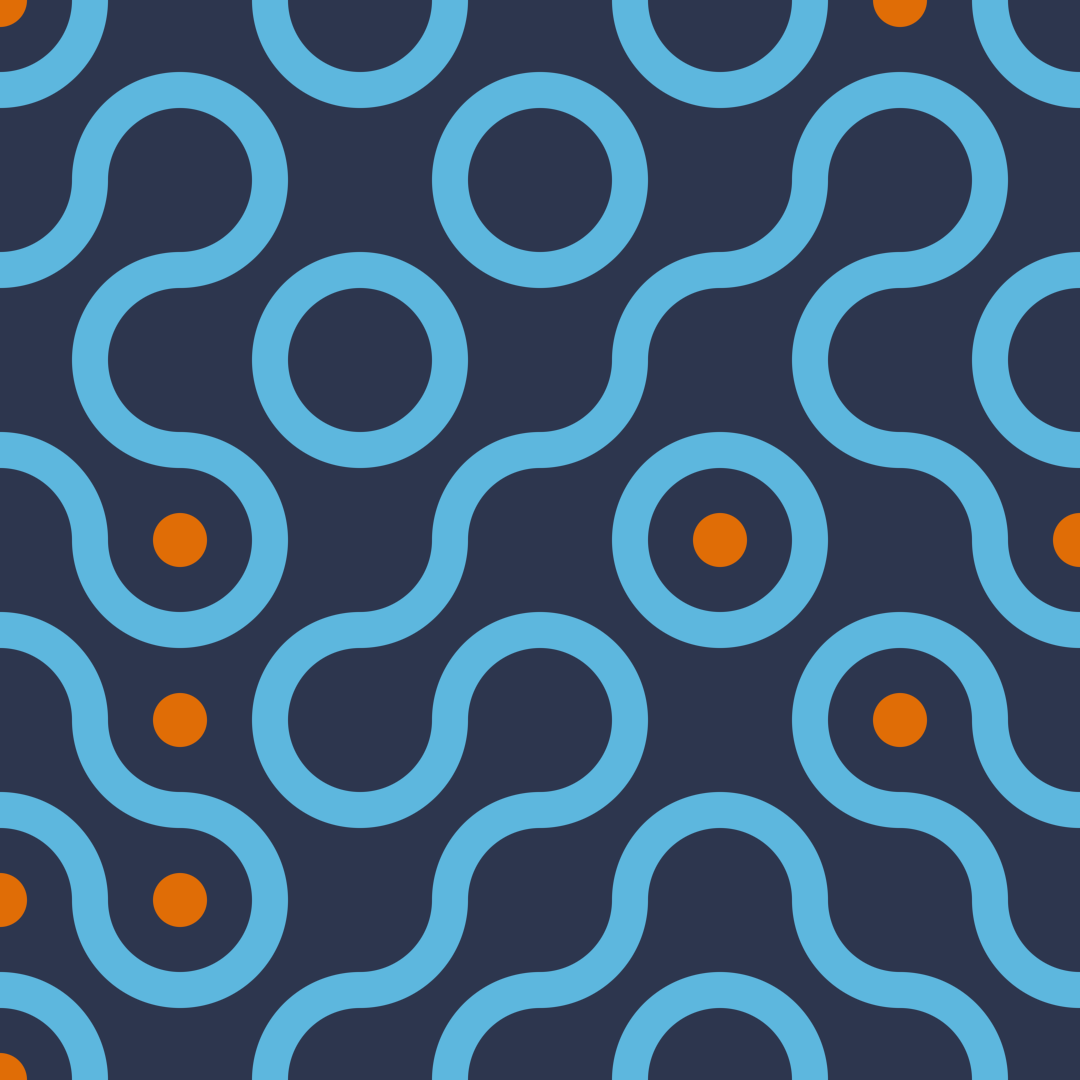 White Truchet pattern on a dark blue background, with orange circles randomly scattered between.